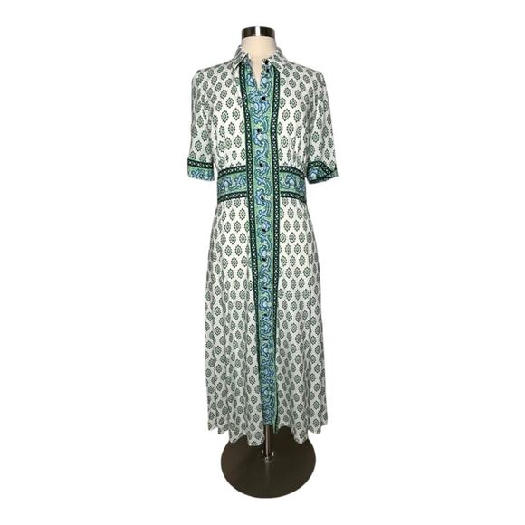 Sandro Naim Gathered Printed Woven Midi Shirt Dress Green Blue White SZ 40 US 8 - Picture 4 of 16
